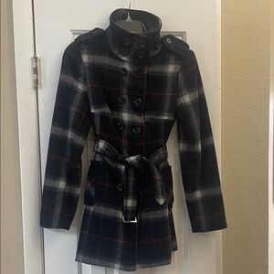Dalia Collection Black, Gray, and Red Plaid with Belted Trench Coat